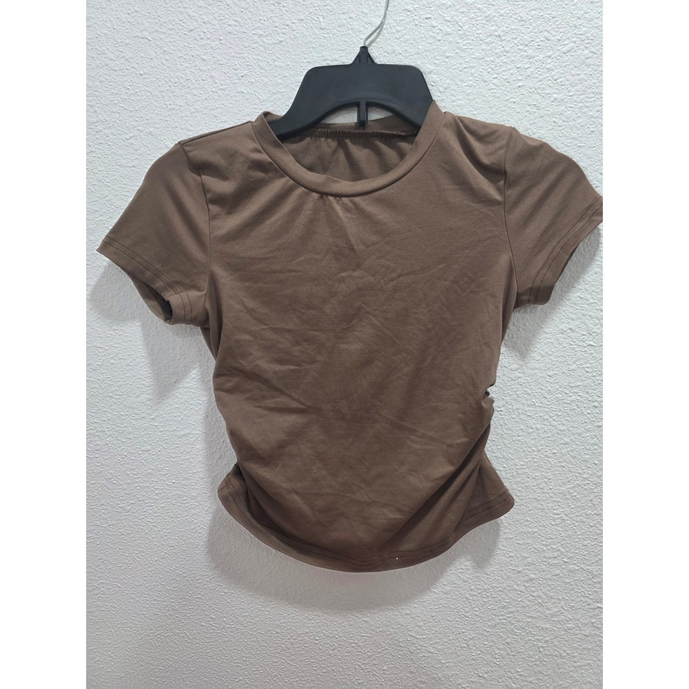SHEIN Kids Girls Brown Ruched Side Short Sleeve Crew Neck T-Shirt Size 12Y